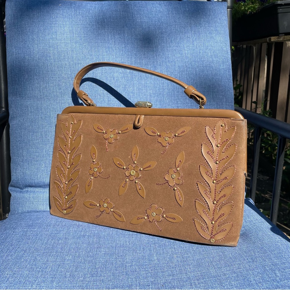 Vintage 60s 70s Brass Clasp Embellished Shoulder Bag Purse